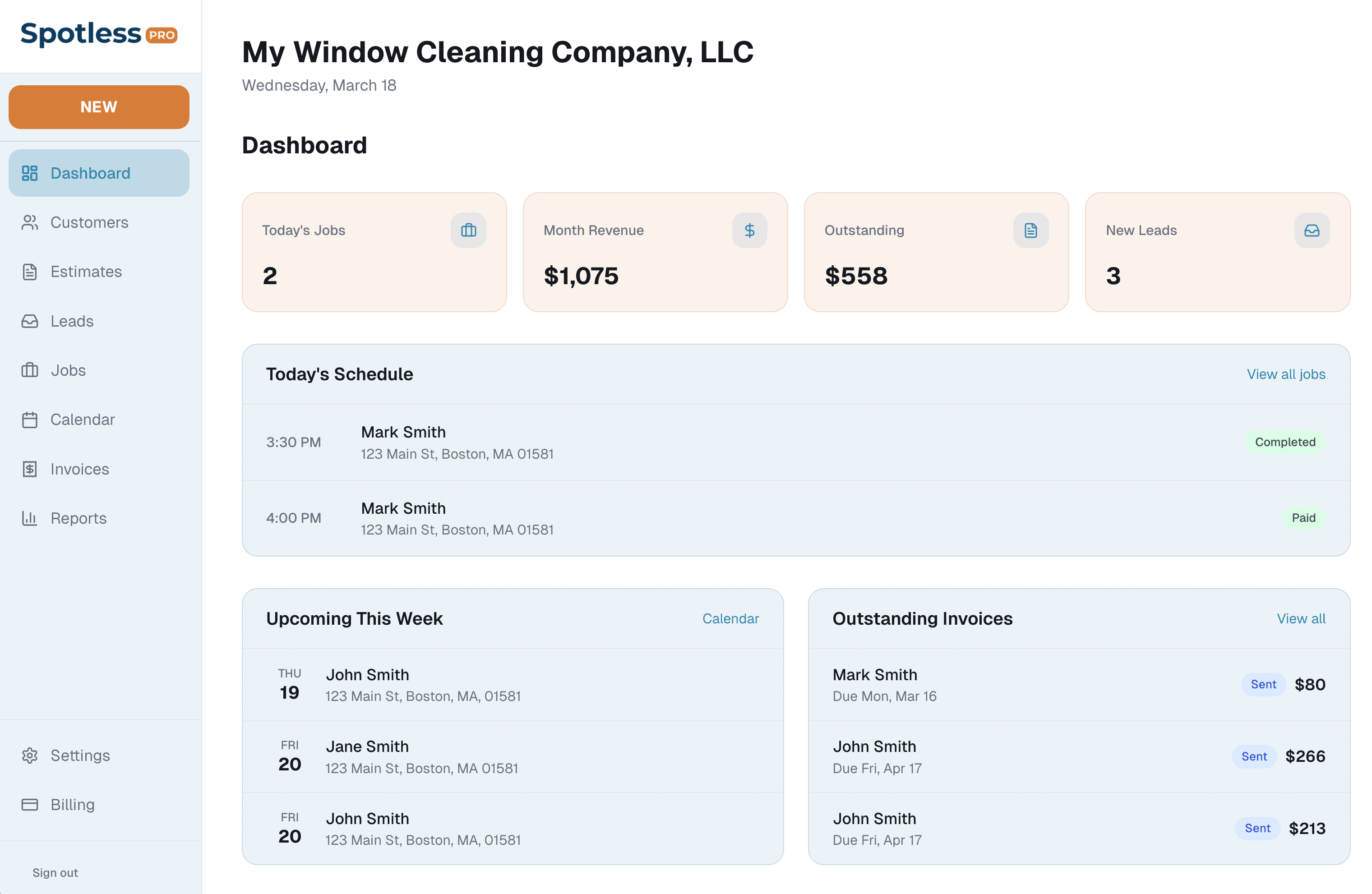 Spotless Pro dashboard
